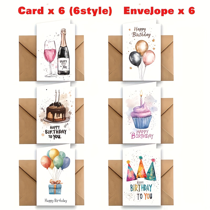 E-shop 12 Stück Aquarellballons und Geburtstagstorten "Happy Birthday" Grußkarten mit Umschlägen - Blanko Notizkarten Set für Familie, Freunde,