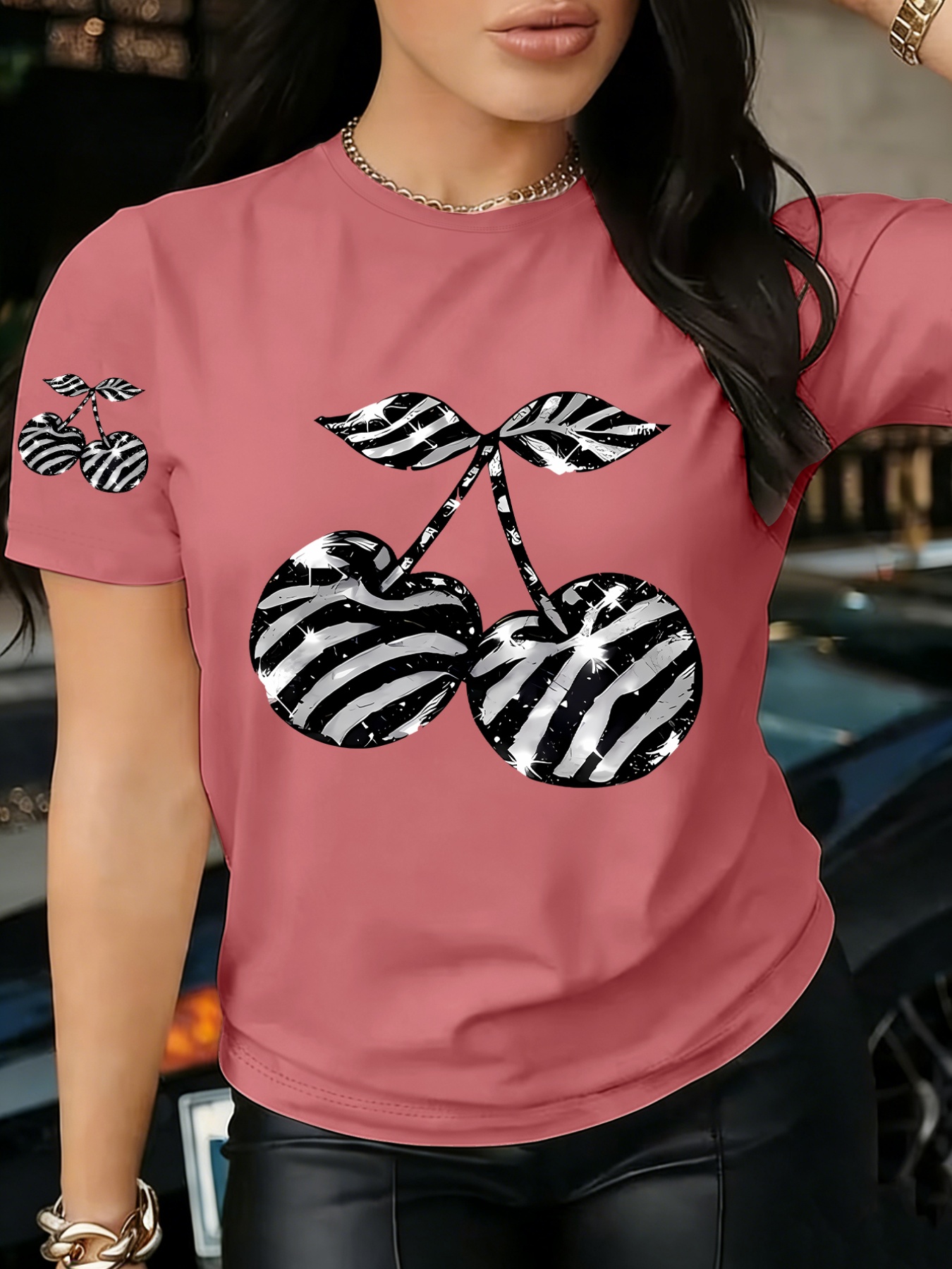 품목 사진 1개 독특한 얼룩말 줄무늬 디자인의 패셔너블한 체리 프린트 티셔츠, 캐주얼하고 활용도 높은 스타일, 새로운 여름 y2k 스타일, 단소매 프린트 여성용 캐주얼 스포츠웨어, 편안하고 통기성 좋은 우아하고 활용도 높은 상의