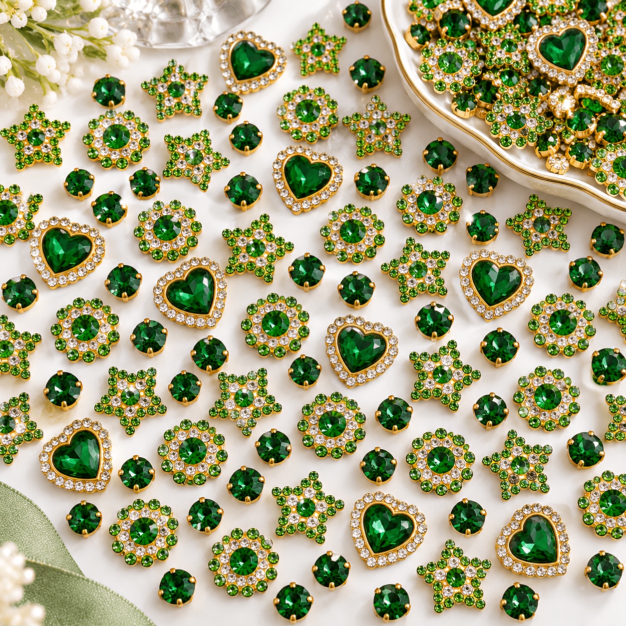 TEMU 100pcs Of Emerald Rhinestones, Golden Prong-set Heart, Flower, Star, And Round Multi-shape Mixed-cut Diamonds, For Decorating Clothing, Shoes,