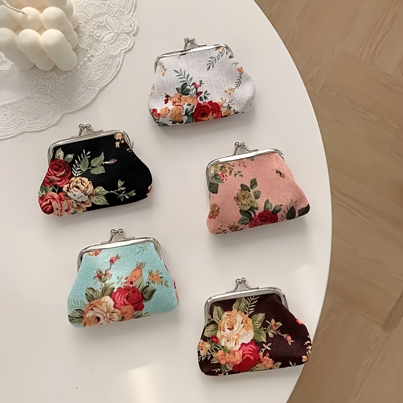 

3 Pcs Vintage Rose Print Coin Purses, Kiss Lock Closure, Canvas Lipstick & Perfume Holder, Ideal For Daily Use Party Favors And Gifts, Retro Style, 10.16x8.89cm/4x3.5inch