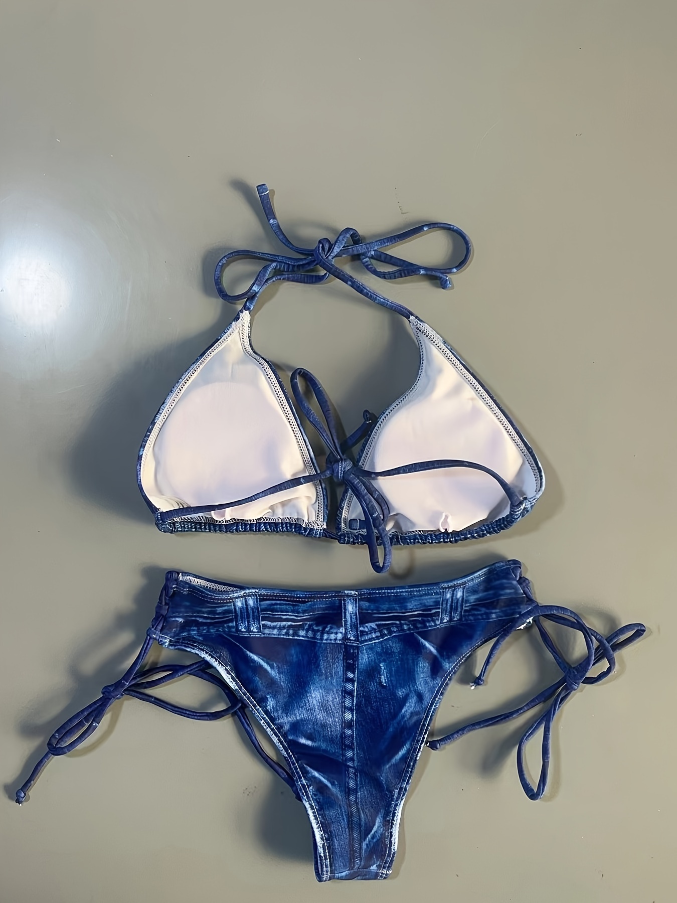 Faux Denim Print Triangle 2 Piece Set Bikini, Tie Strap Halter Backless Swimsuits, Women's Swimwear & Clothing