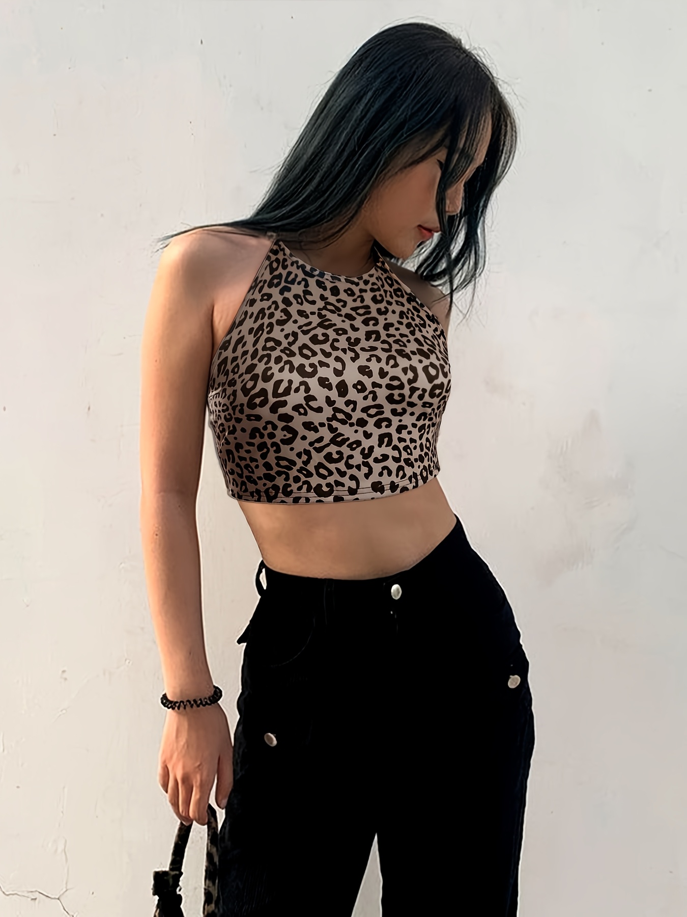 Alessandra B Criss Cross Neck Tank Top - Leopard Print, Soft Stretch Fabric, Size Large