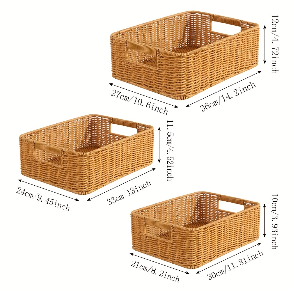 A Handmade Woven Plastic Rattan Storage Box, Rectangular with Handles,   in Three Perfect Sizes, Suitable for Living Rooms, Desktop Storage, TV Cabinets, Wardrobes, Bathrooms, Hotels, School Dormitories, And Dining Rooms, Shelf Baskets