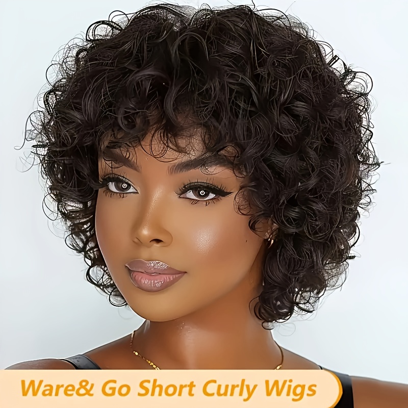 TEMU 180% Density Human Hair Short Curly Wig With Bangs - Curly Wave Machine-made For Women Of All , Natural Look & Versatile Styling, Short Hair Wig, Everyday Hairpiece, Elegant Hairpiece