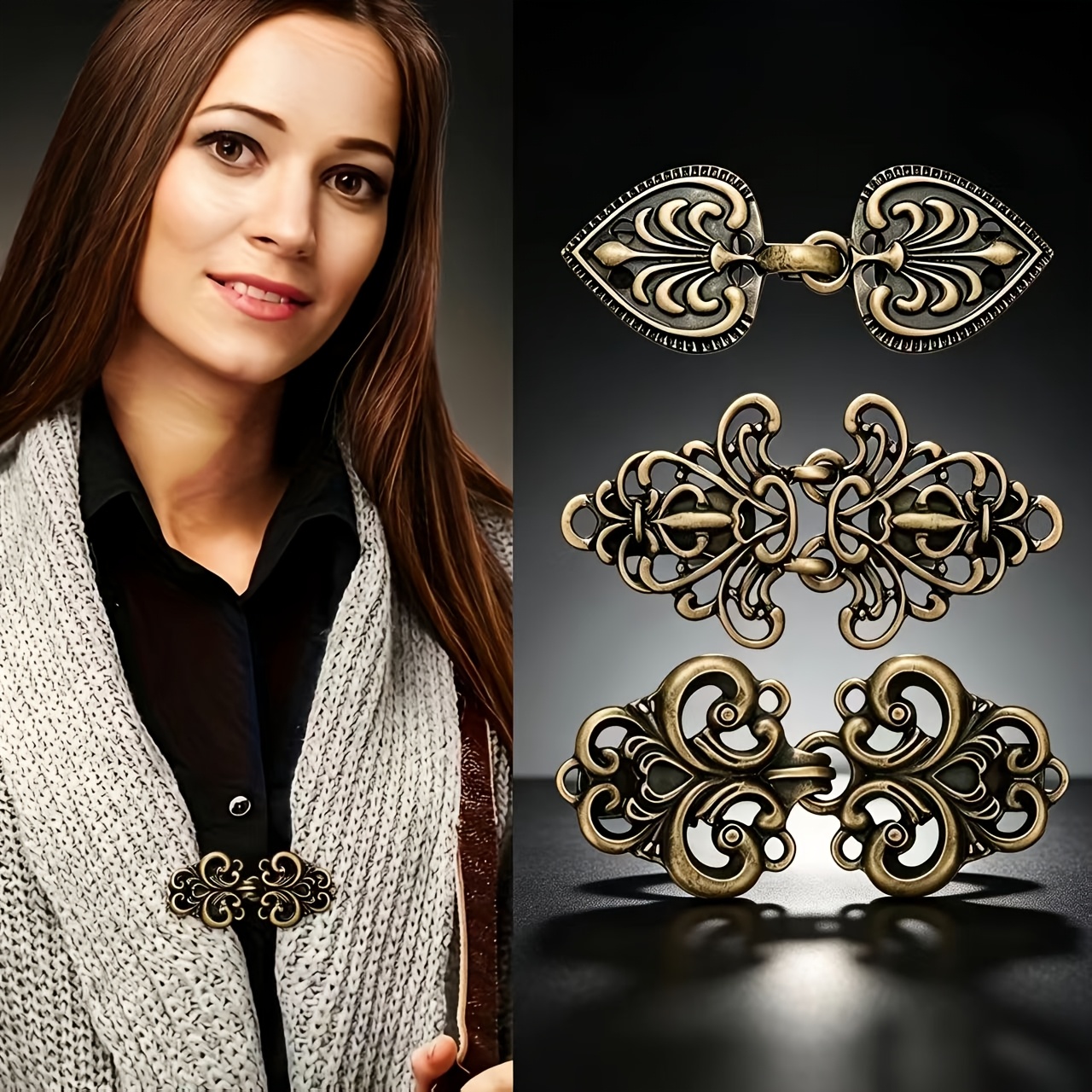 3pcs/set Vintage Alloy Bronze Sweater Clips - 3 Pack Combination Multifunctional Cape And Scarf Clips For Women's Blouse, Shawl, Dress And Cardigan