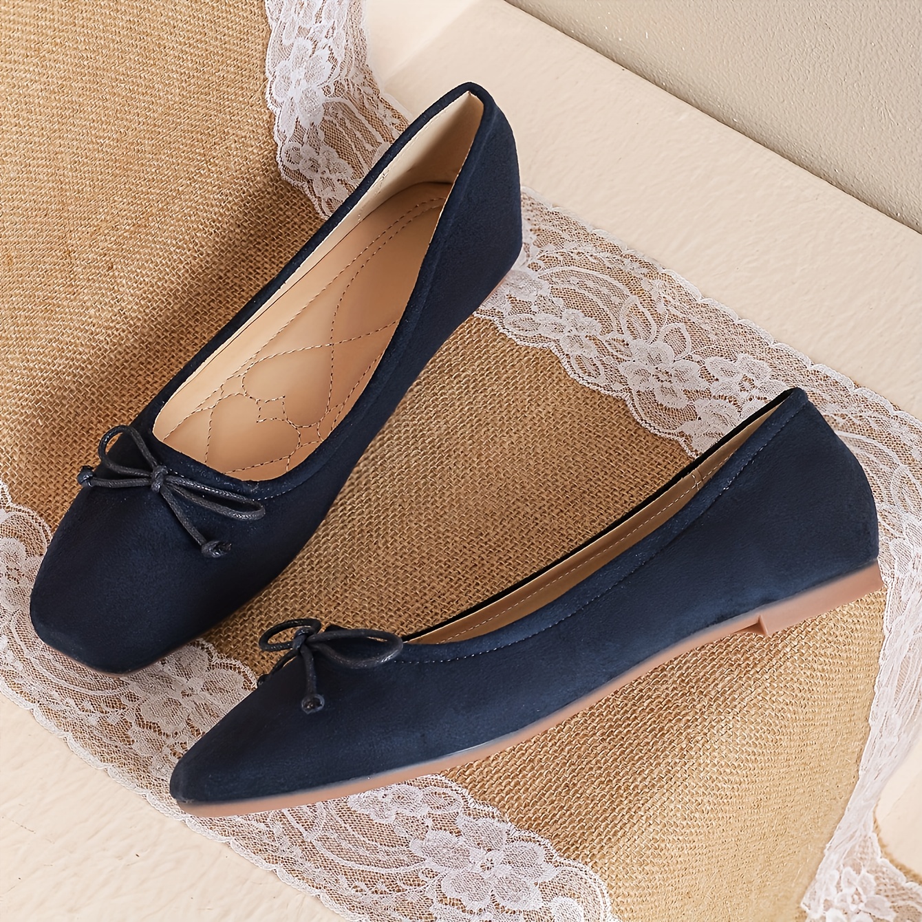elegant navy blue womens slip flats bow detail breathable Temu