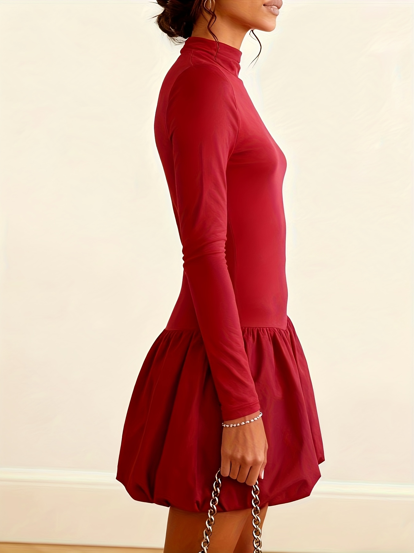 womens red ruffle mini dress stand collar long sleeve fabric - Temu  Mauritius