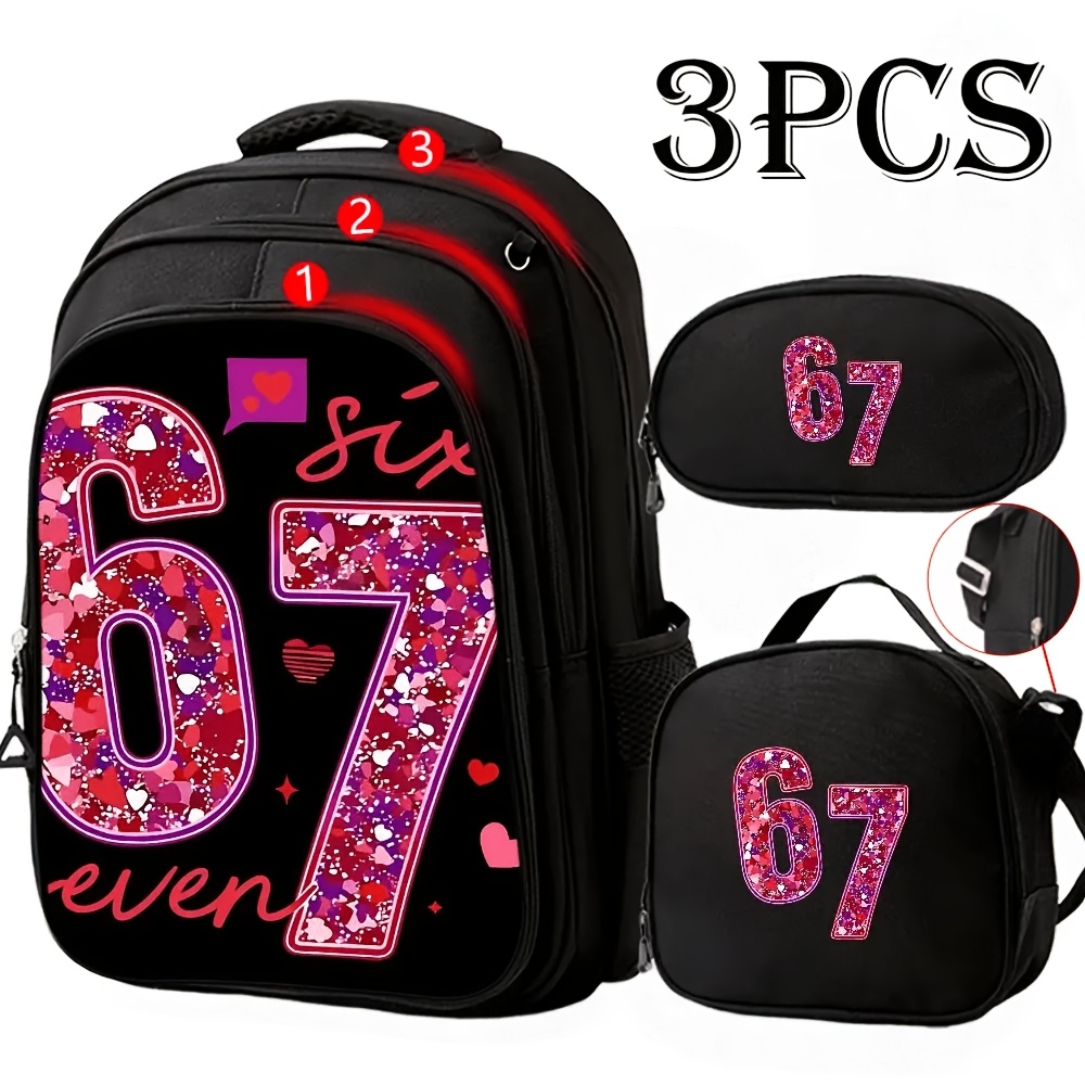 TEMU Lot de 1/3 sacs à dos grande avec bandoulière assortie et pochette à accessoires - Sacoche à livres Neon 67 Cœur Pailleté, bretelles réglables,