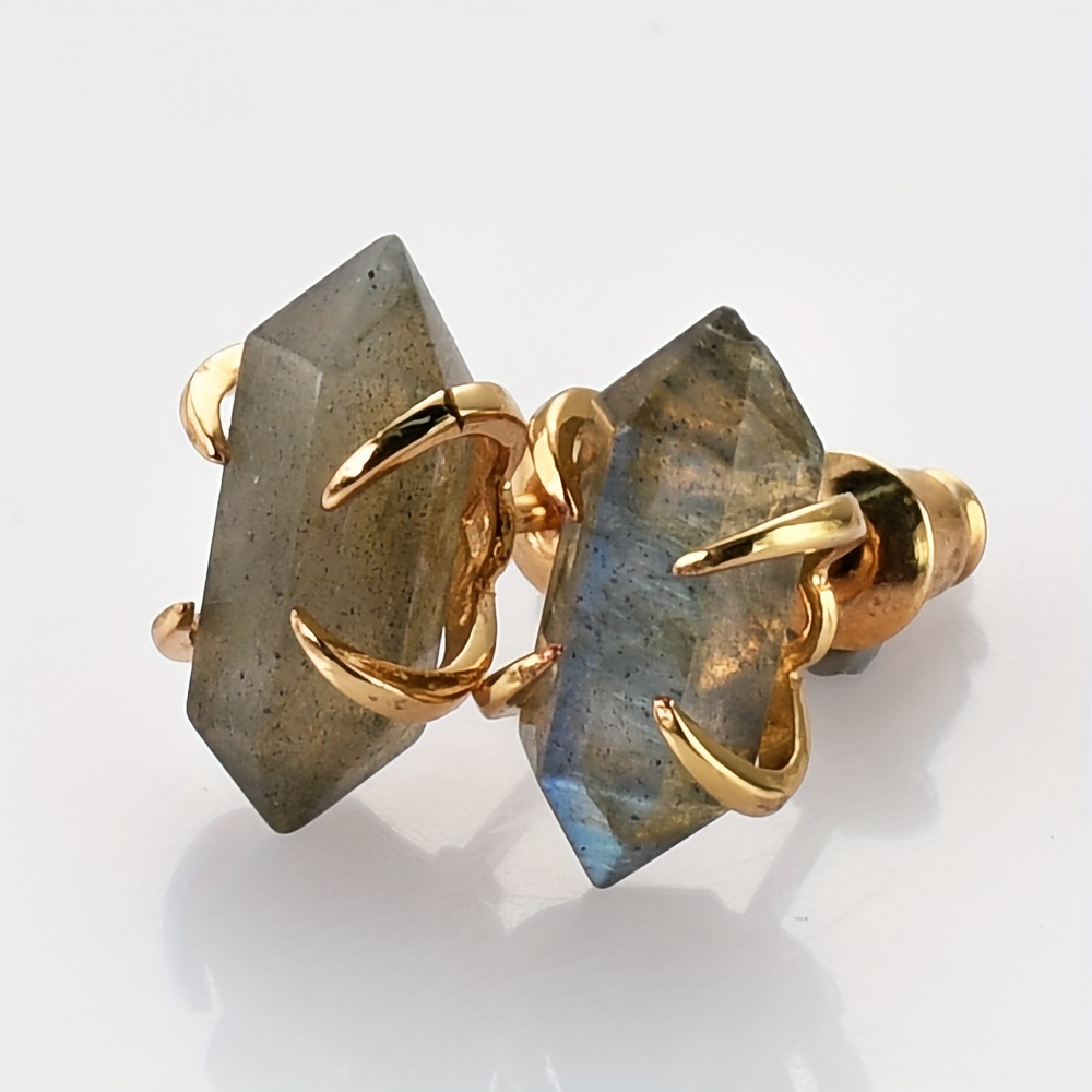 Natural Stone Hexagonal Prong-Set Stud Earrings
