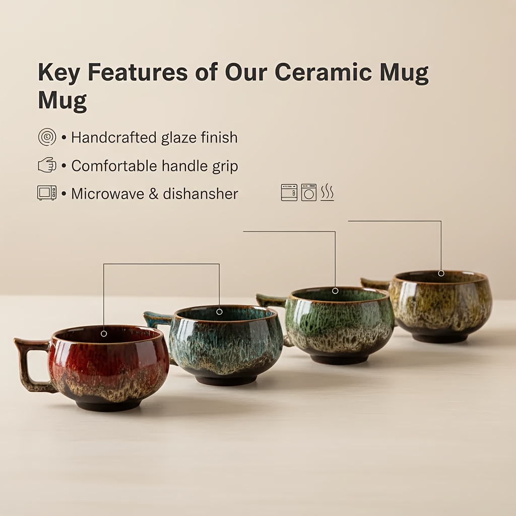 Multi-Color Gradient Exquisite Glaze Handmade Ceramic Mug with Handcrafted Pottery, Round And Full Cup Body, Ergonomic Handle Design for Comfortable Grip, Natural Color Appearance, 5 Colors Available: Blue, Green, Yellow, Red, Orange