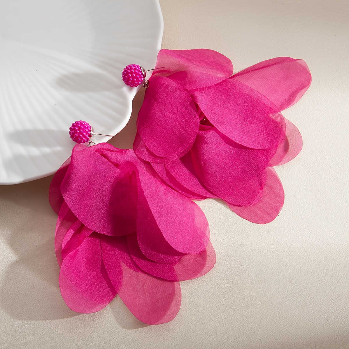 TEMU Elegantes pendientes colgantes de gasa con forma de pétalo para mujer, pendientes florales ligeros, delicadas joyas de tela transparente para
