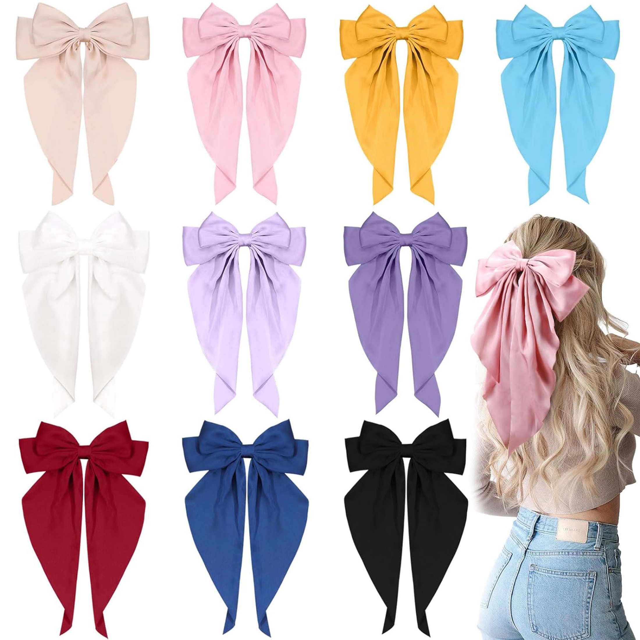 

Elegant Fabric Bow Hair Clips, 10-piece Set, Minimalist Bow Tie Hair Barrettes With Tassel Detail, Solid Color French Style Large Ribbon Hairpins For Women, Party And Wedding Hair Accessories For 14+