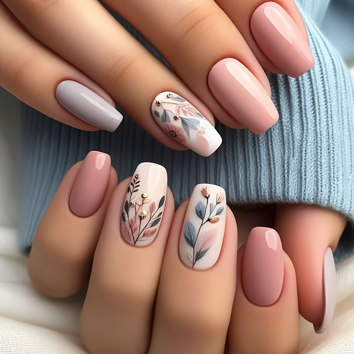 E-shop Ein Set aus 24 Ballett-Style Falschen Nägeln mit einer französischen Pink-Basis, süßen Blumensträußen, niedlich, elegant, und vielseitig,