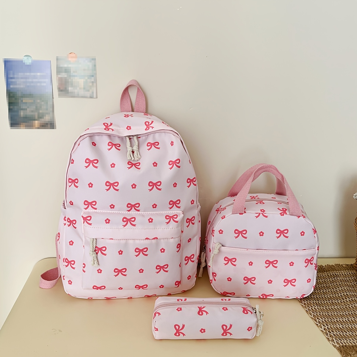 TEMU Ensemble 3 pièces sac à dos avec imprimé nœud , grand sac d'école étudiant preppy avec sac à lunch et trousse à crayons, grand sac à dos de