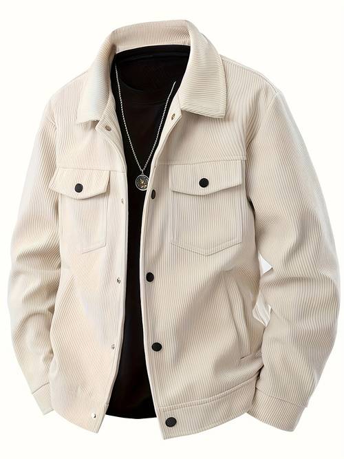mens corduroy work jacket beige multi pocket polyester machine washable ideal for spring and autumn outdoor activities casual outerwear classic collar jacket polyester jacket