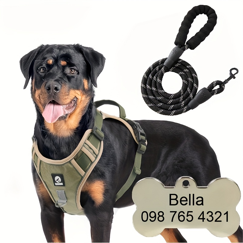 Custom Dog Harness with Engraved Pet ID Tag and Leash Set
