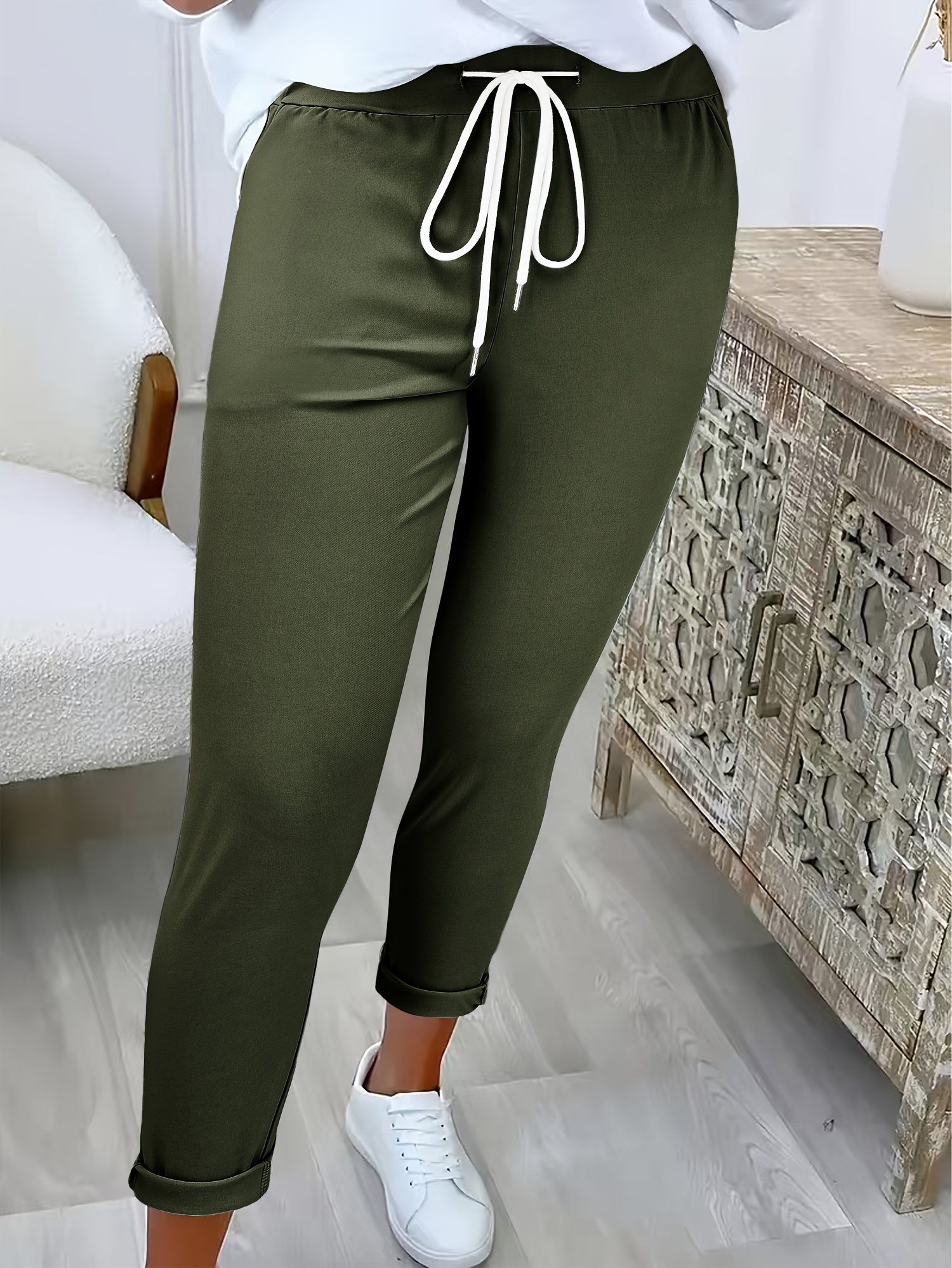 womens solid color casual wide pants with elastic drawstring waist trousers suitable for casual attire semi formal attire machine washable solid color pants