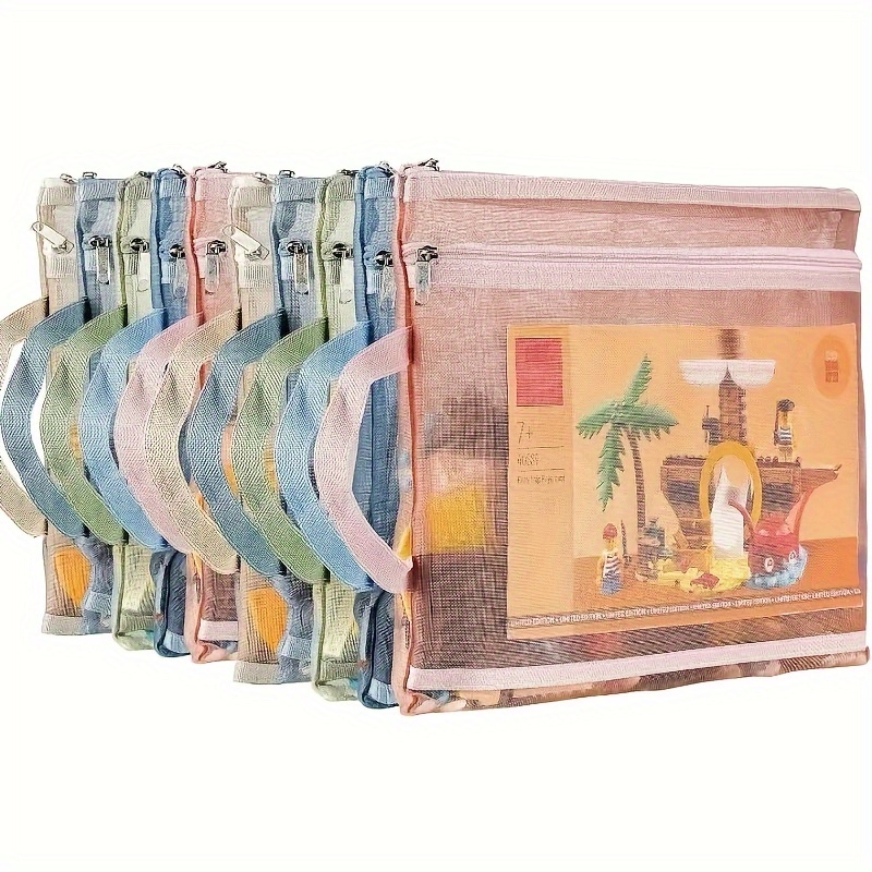 

Lot de 5 pochettes zippées en filet coloré, organisateur de rangement de jouets en en à double couche, zippés transparents et respirants A4 poignées , le et les .