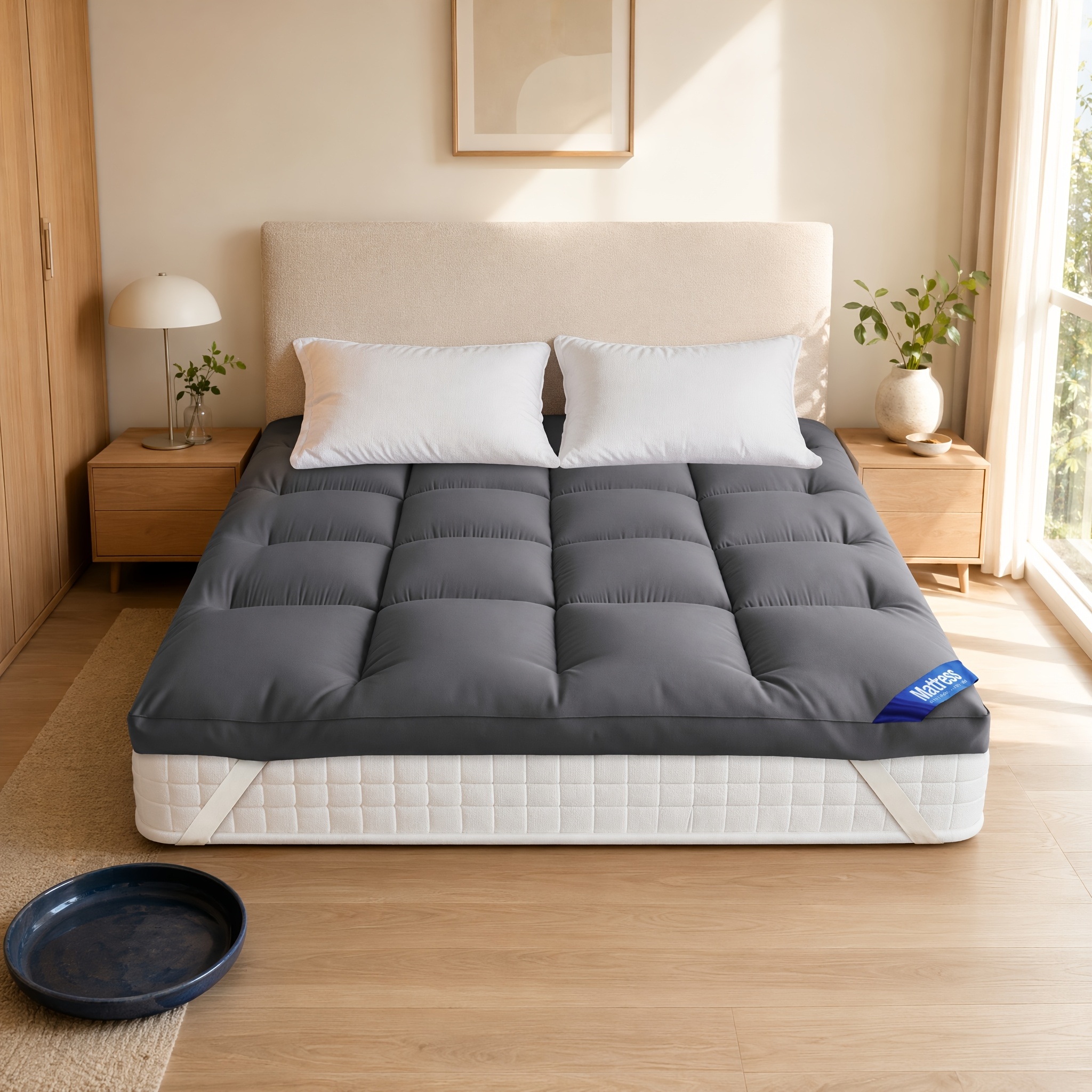 Image of 10cm Quilted Mattress Topper With 800 Gsm Microfiber Filling, Breathable Mattress Pad With Elastic Corner Straps, Machine Washable Bed Topper For Bedroom, & Dorm, Multiple Sizes & Colors