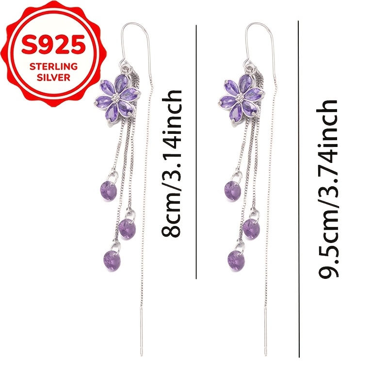 Women's S925 Silver Purple Flower Drop Earrings