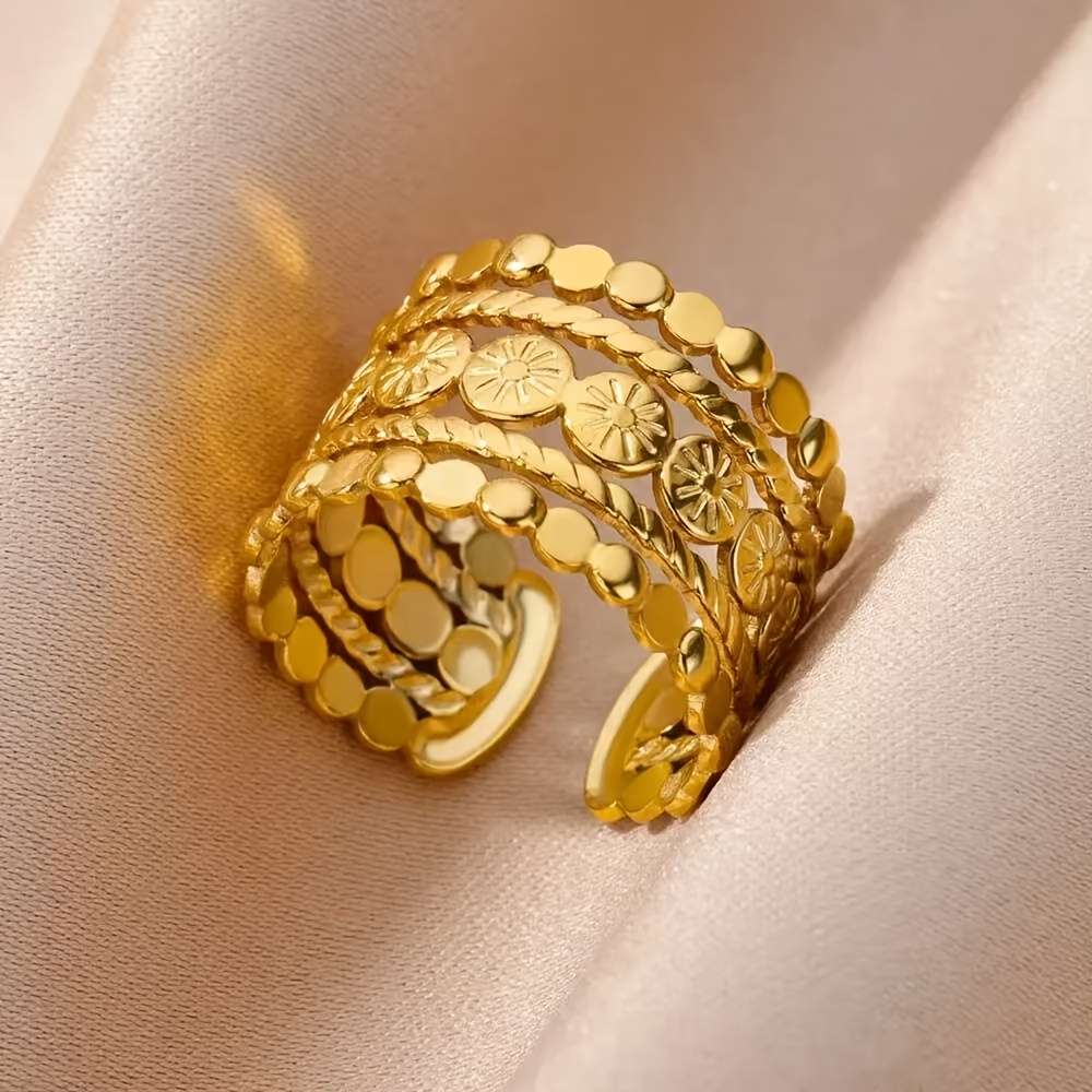 TEMU Anillo bohemio de acero inoxidable con relieve multicapa, anillo de banda con acabado desgastado