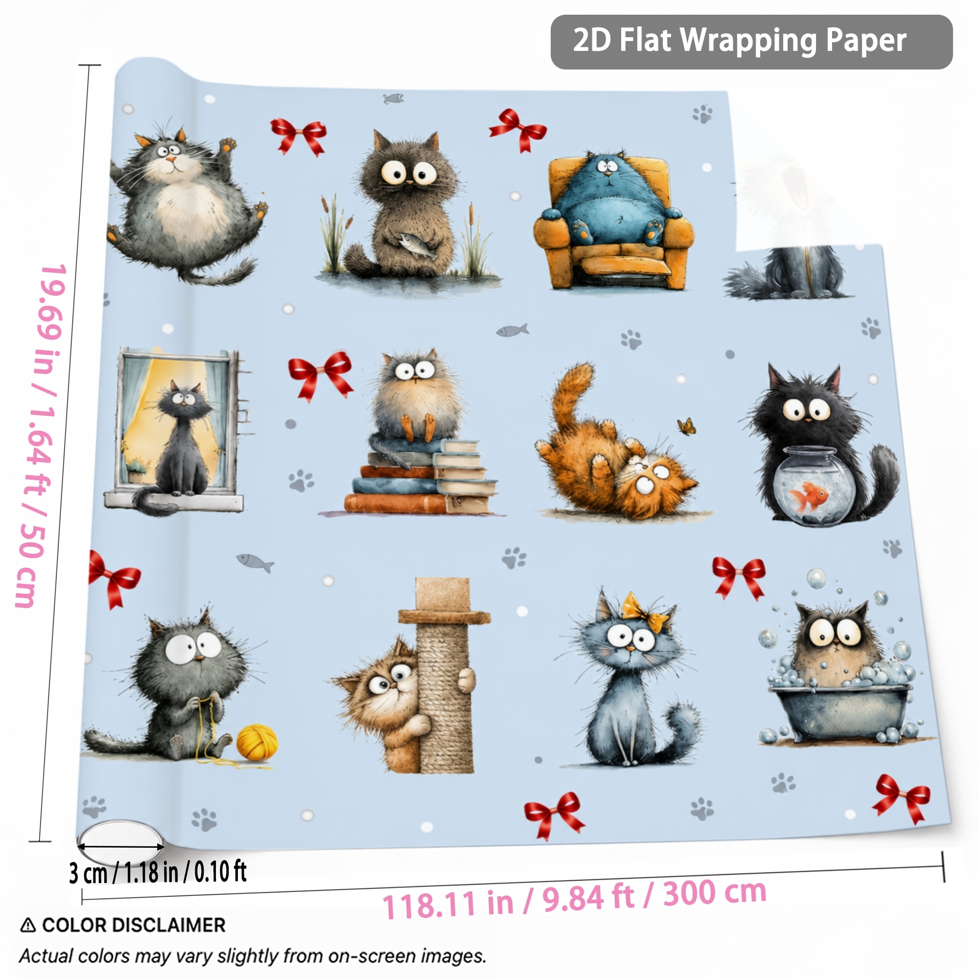 Image of 1 Roll Cute Cartoon Cat Wrapping Paper Gift Wrap For Present Packaging 1.64ft X 9.84ft For Christmas New Year Birthday Party Wedding Holiday Decoration Diy Craft Gift Wrapping