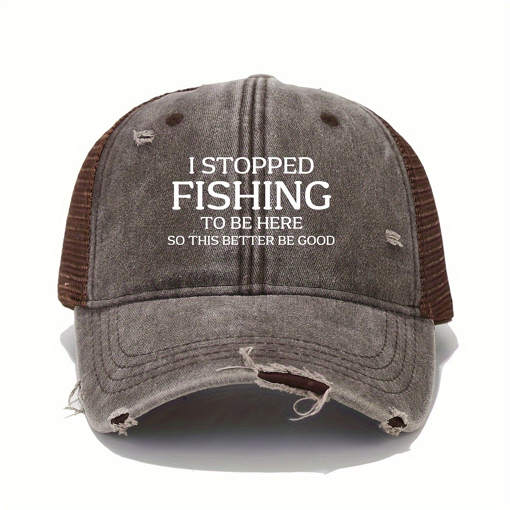 FISHING Slogan Printed Baseball Vintage Solid Color Washed Distressed Hem Mesh Trucker Hats Lightweight Adjustable Sports Hat For Women Men