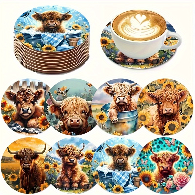 Image of 8 Highland Cow Wooden Coasters - Rustic, Durable, Heat-resistant Wooden Drink Pads, Easy To Clean, Non-slip Kitchen Table Decor Coasters