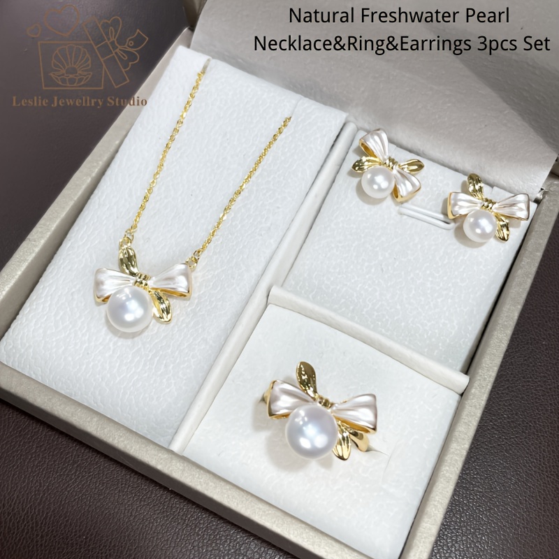 Classic Luxury Freshwater Pearl Jewelry Set, Necklace, Earrings & Ring