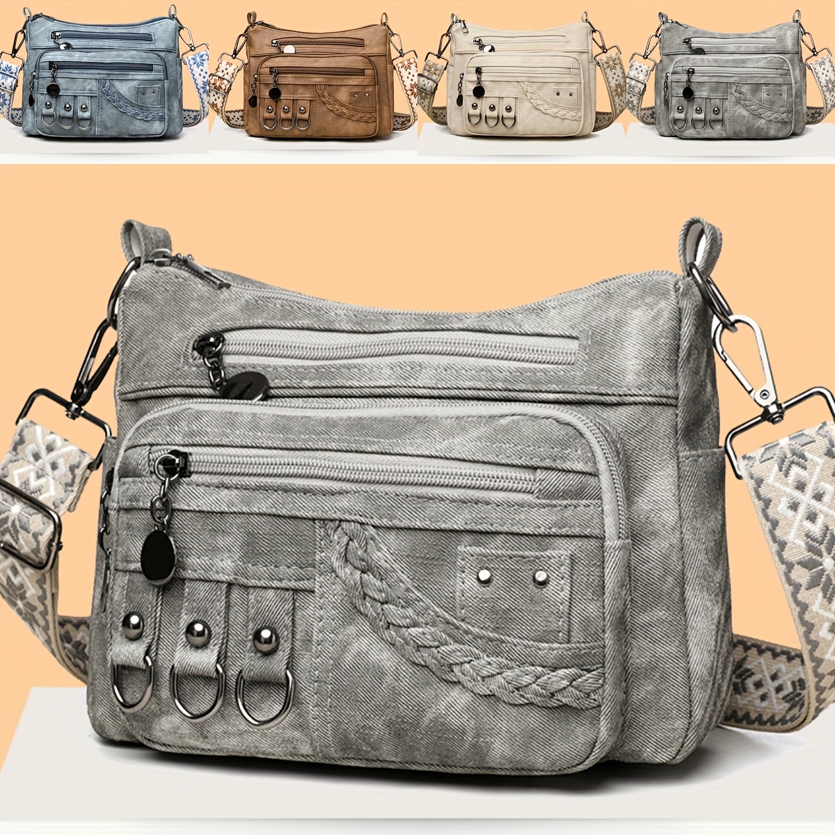 perfect lily womens bohemian vintage crossbody bag multi pocket adjustable shoulder bag synthetic leather compact purse for daily   travel beach gift for mom friends light brown gray white beige blue yellow beach carryall bag textured finish purse sturdy zipper closure secure snap pockets Product details 2