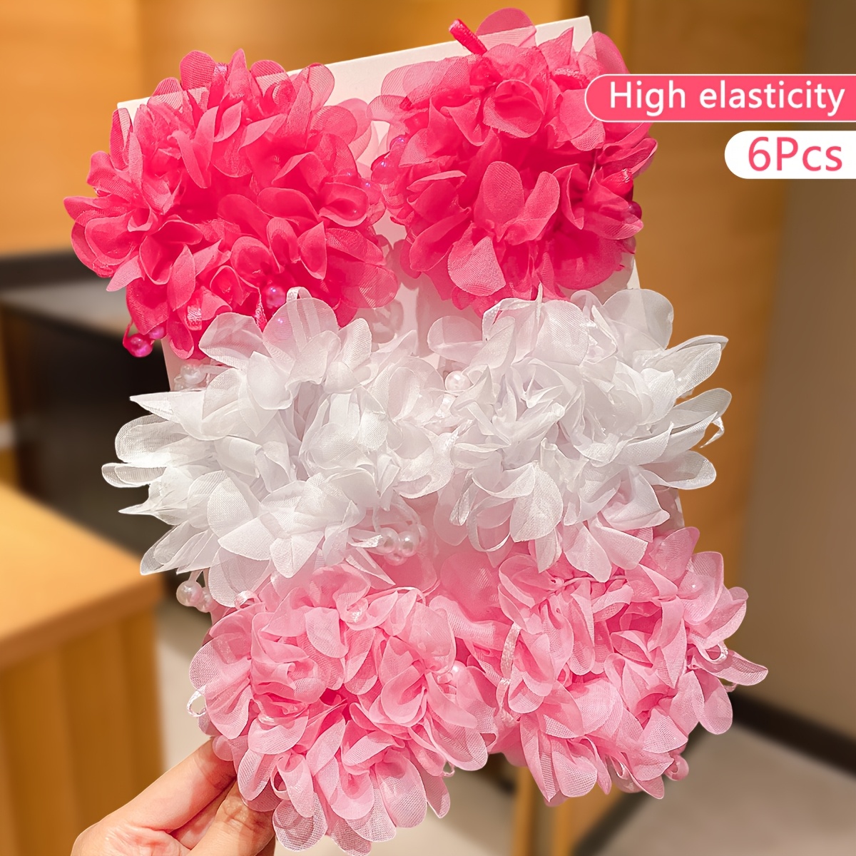 TEMU 6pcs High-elasticity Mesh Flower Hair Ties, High-stretch Hair Ties That Won't Damage Hair, Versatile Hair Accessories For Daily And Party