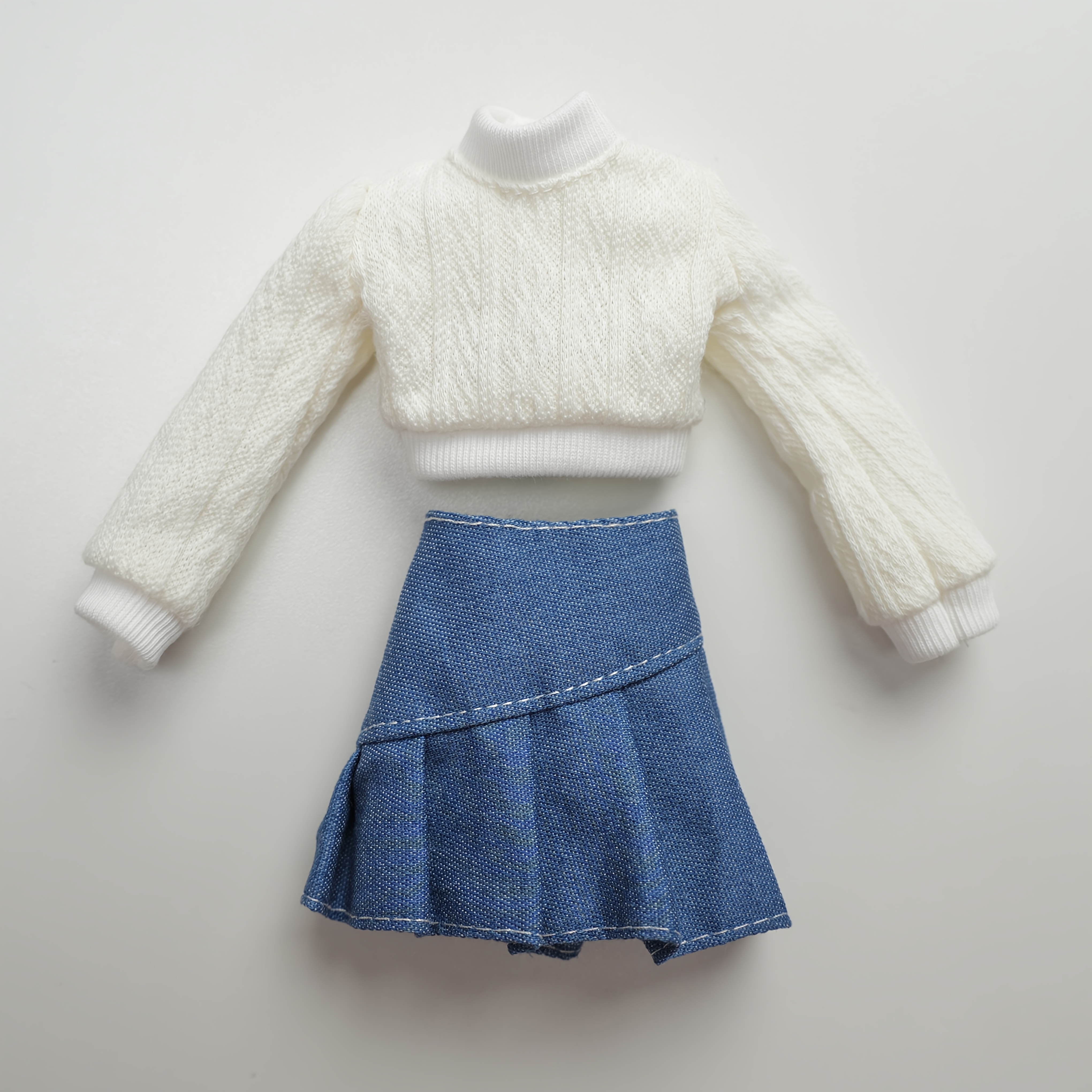 Image of A Handcrafted Sweater Set, Suitable For A 30cm/ -inch Doll. The Soft Sweater And Denim Pleated Skirt Are Very Sweet And Cute. . (excluding Dolls)