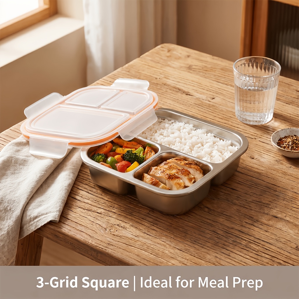TEMU 2/3/4 Compartment Stainless Steel Snack Container Divided Food Storage Box With Lid Fridge Storage Container For School/office/travel Reusable