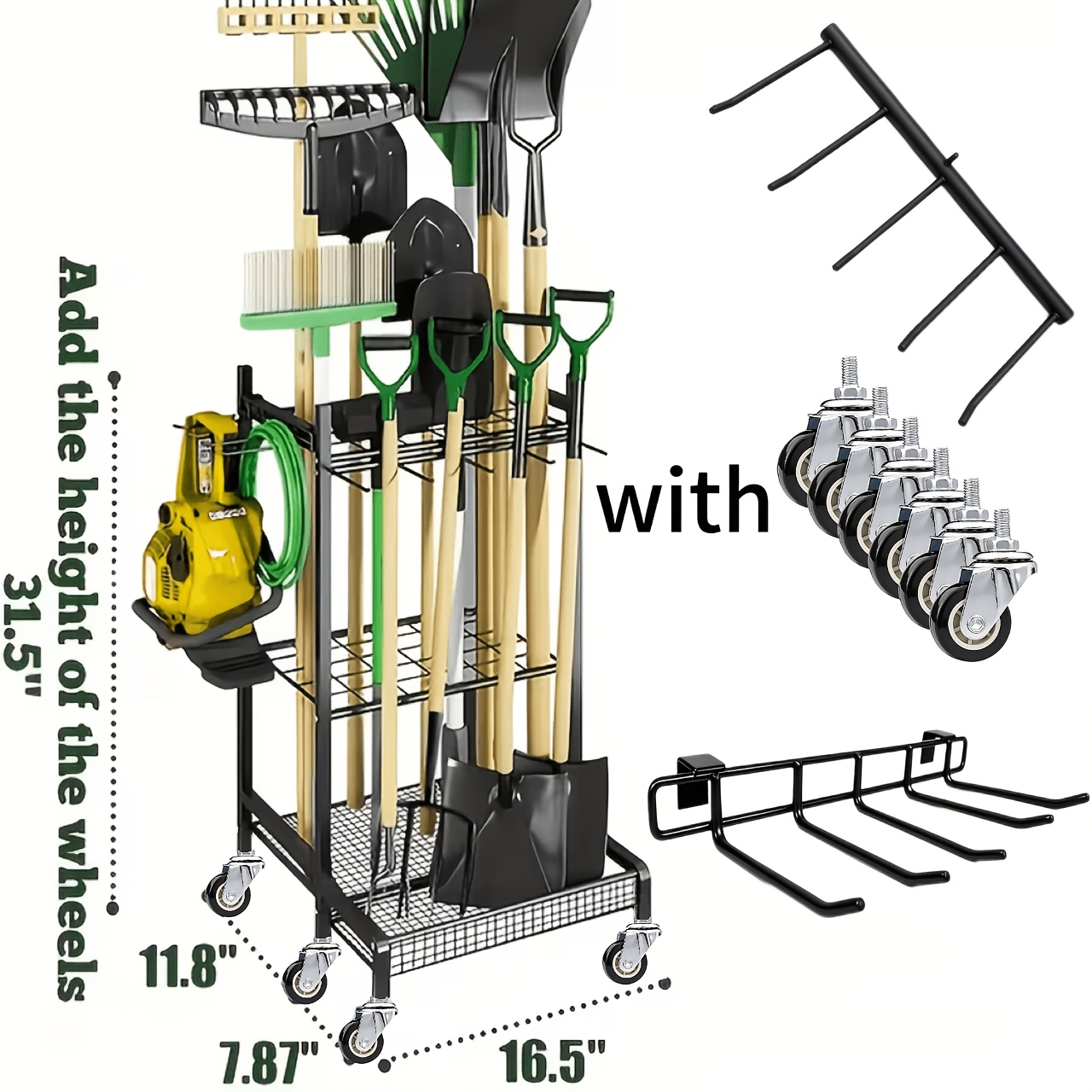 TEMU Scaffale portautensili da giardino, organizzatore per attrezzi da giardino, organizzatore da in metallo per carichi pesanti con ganci, supporto