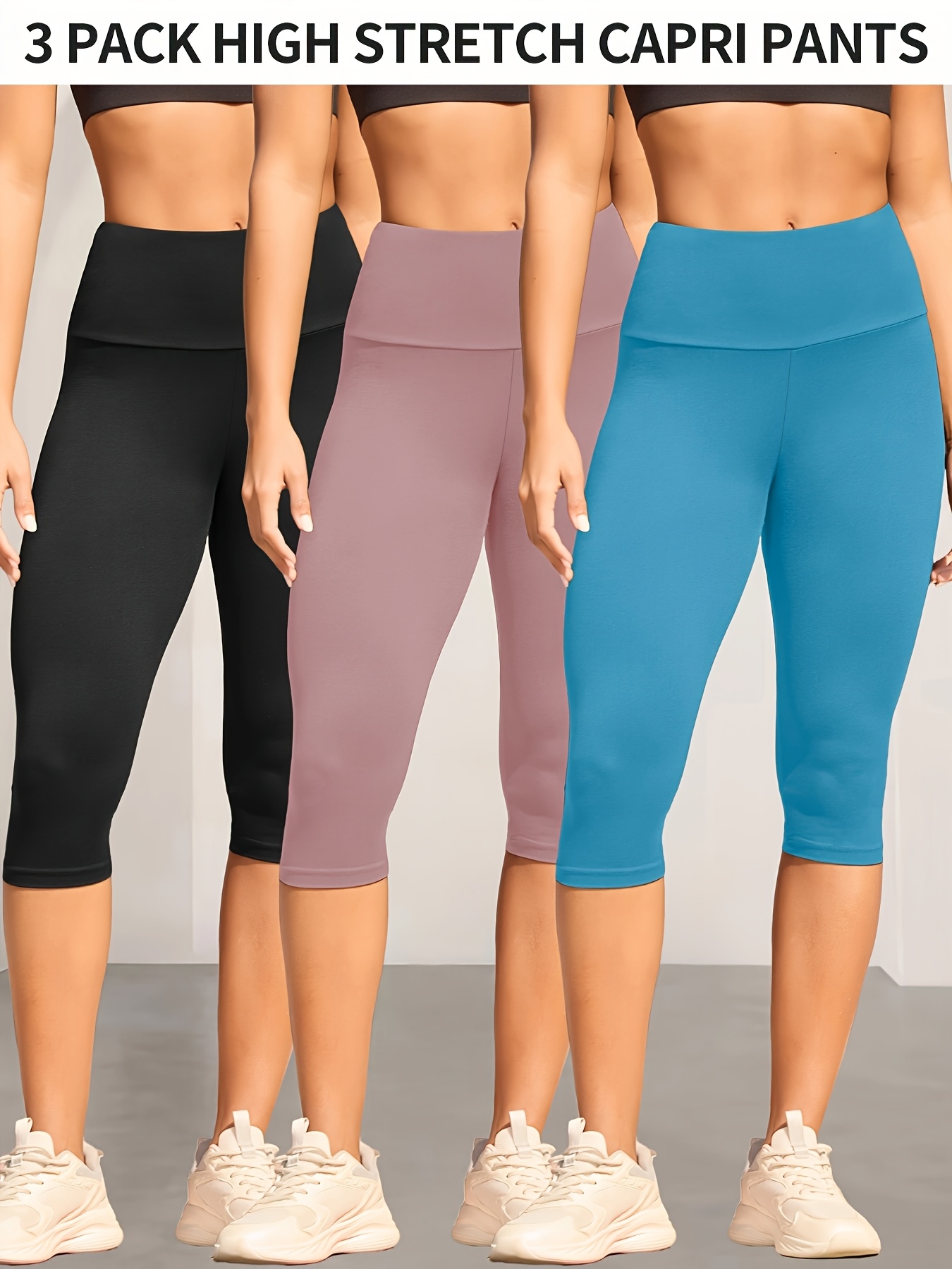 3 pack womens high waisted tummy control yoga capri pants super soft non see through workout leggings high   machine washable solid color for running gym casual wear spring summer fall
