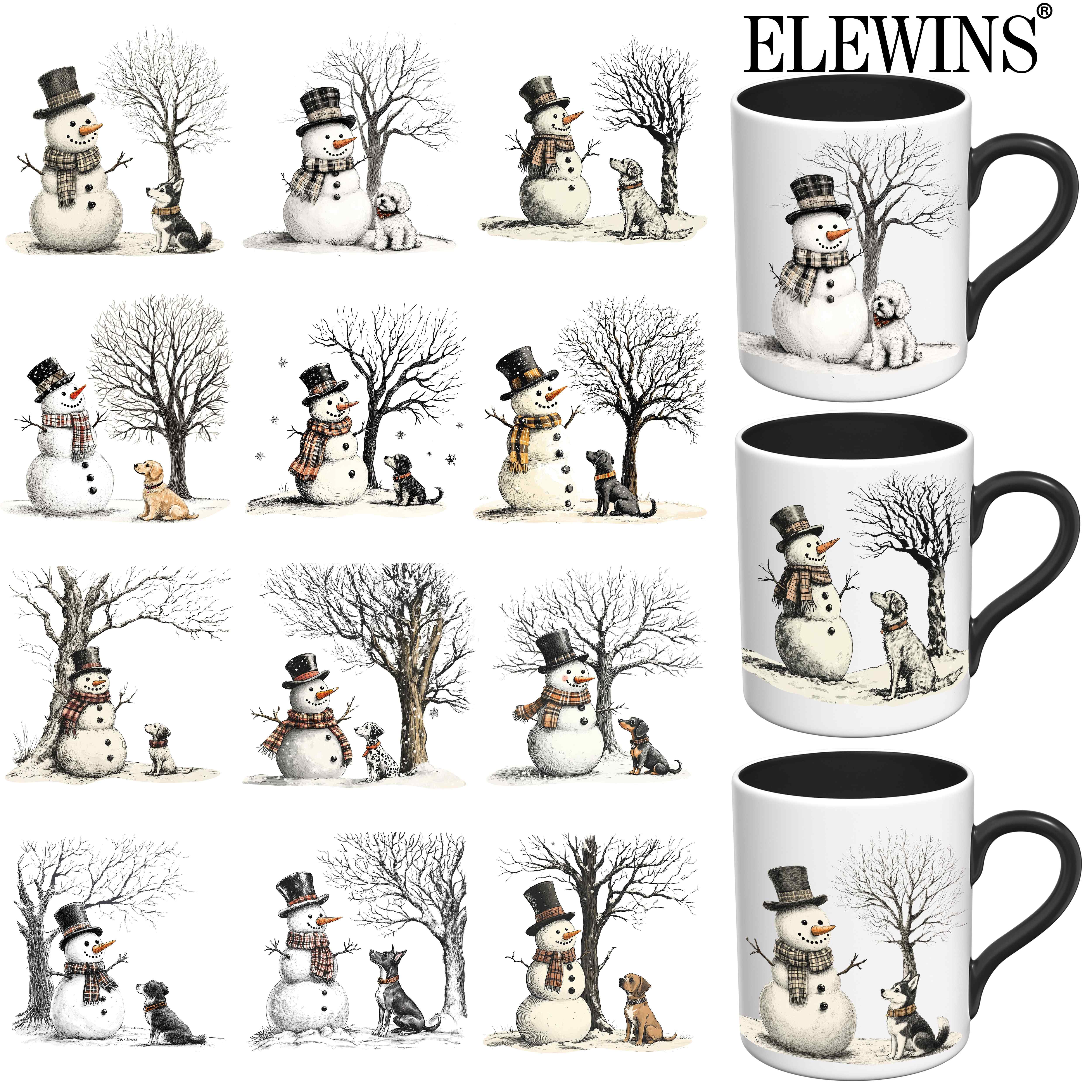 TEMU Autocollant UV DTF Enveloppant pour Tasse - 12 Feuilles Décalcomanies Transfert UV DTF de Neige de Noël avec Chiens, Transfert à Appliquer pour