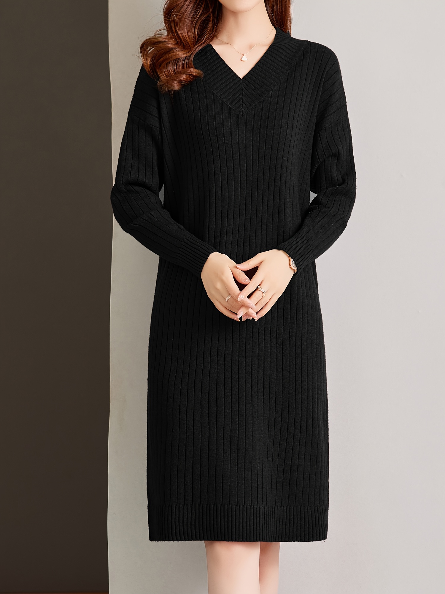 elegant v neck knit tunic dress women midi length long Temu Germany