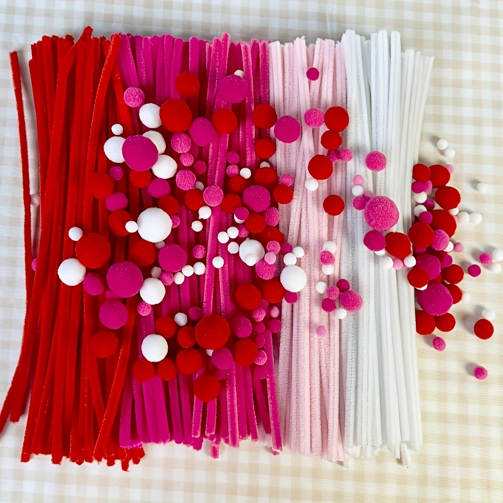 

800pcs Polyester Pipe Cleaners And Pom Poms Set, 5 Colors Chenille Stems, Assorted Sizes Pom For Arts And Crafts, Diy Valentine's Day Craft Supplies