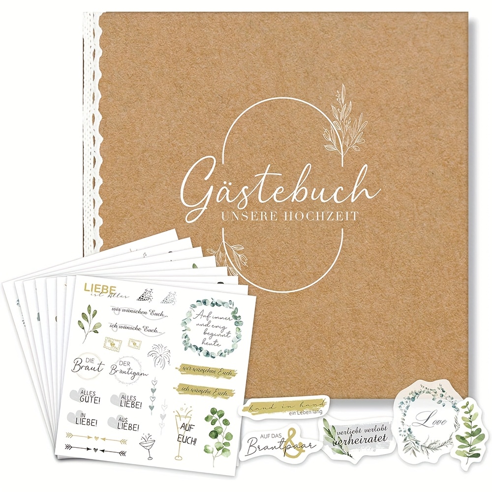 Image of Guestbook & 8 Pages Of Wedding Stickers - 88 Pages Blank Wedding Guestbook - 21*21cm Deluxe Wedding Guestbook With Golden - Suitable For Wedding, Birthday Wedding Album