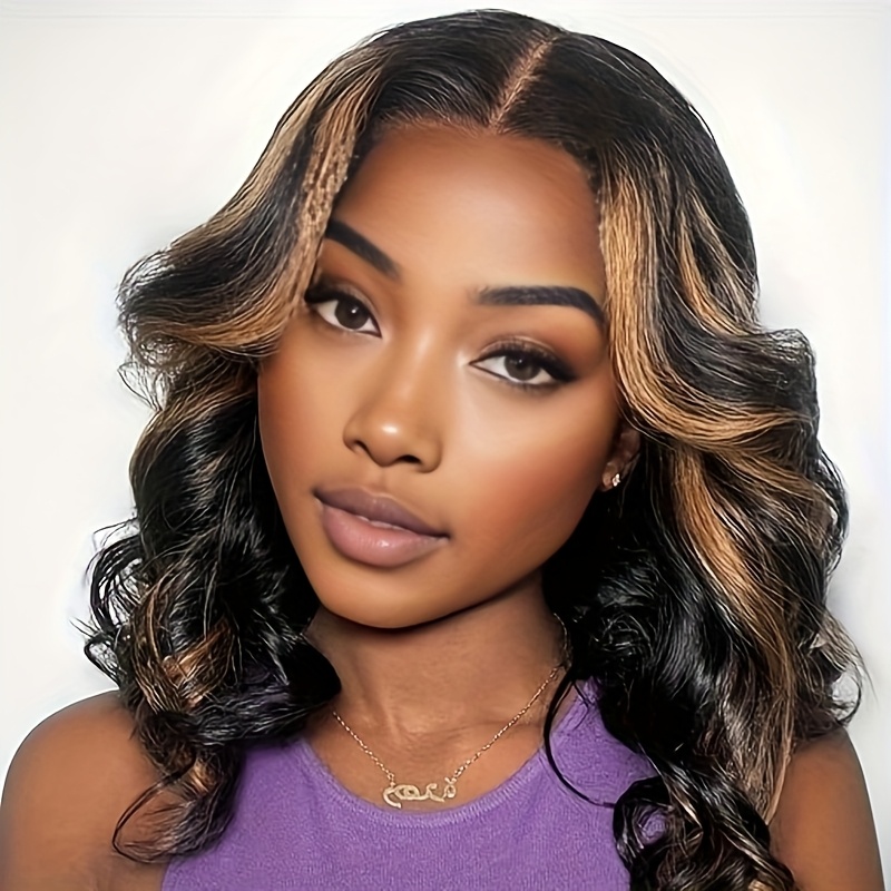 TEMU 18" Chic Black Mixed Brown Curly Synthetic Wig With Lace Front - Heat Resistant, Versatile Body Wave Style For & Parties, Natural-looking Wavy Hairpiece For