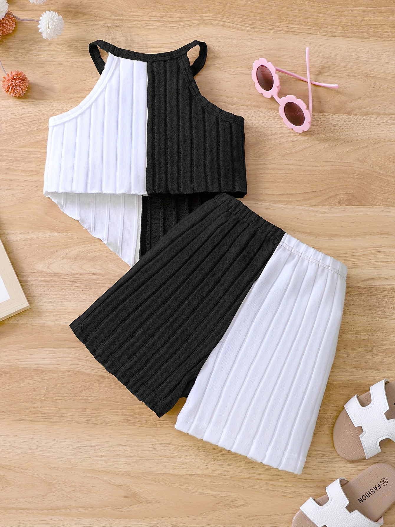 Girls 2pcs Summer Outfit Set, Knitted Polyester & Elastane, Solid Color Halter Neck Top with Bow Detail & Matching Shorts, Casual Fit for Playtime & Outings, for Outdoor