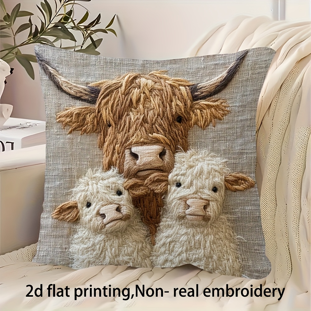 TEMU 1pc, 2d Flat Printed Short Plush Pillowcase - Embroidery, Single-sided Printed Highland Cow Pattern, Style Decoration, No Core Included, Animal