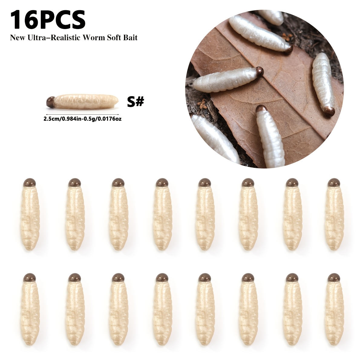 E-shop 16 Stück realistische Bienenlarven-Köder, schwimmendes PVC-Material, simuliert Insektenlarven, 2,5 cm/0,98 Zoll weiche Wurm-Larven-förmige Köder