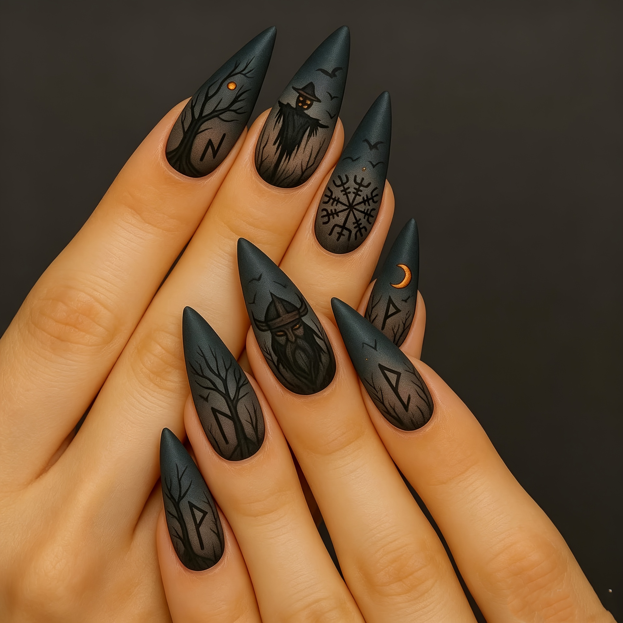 TEMU Dark Nail Art Style Hot Wearable Nail Nail Long Pointed Nail Dark Style Fake Finger Finished Product, For Halloween