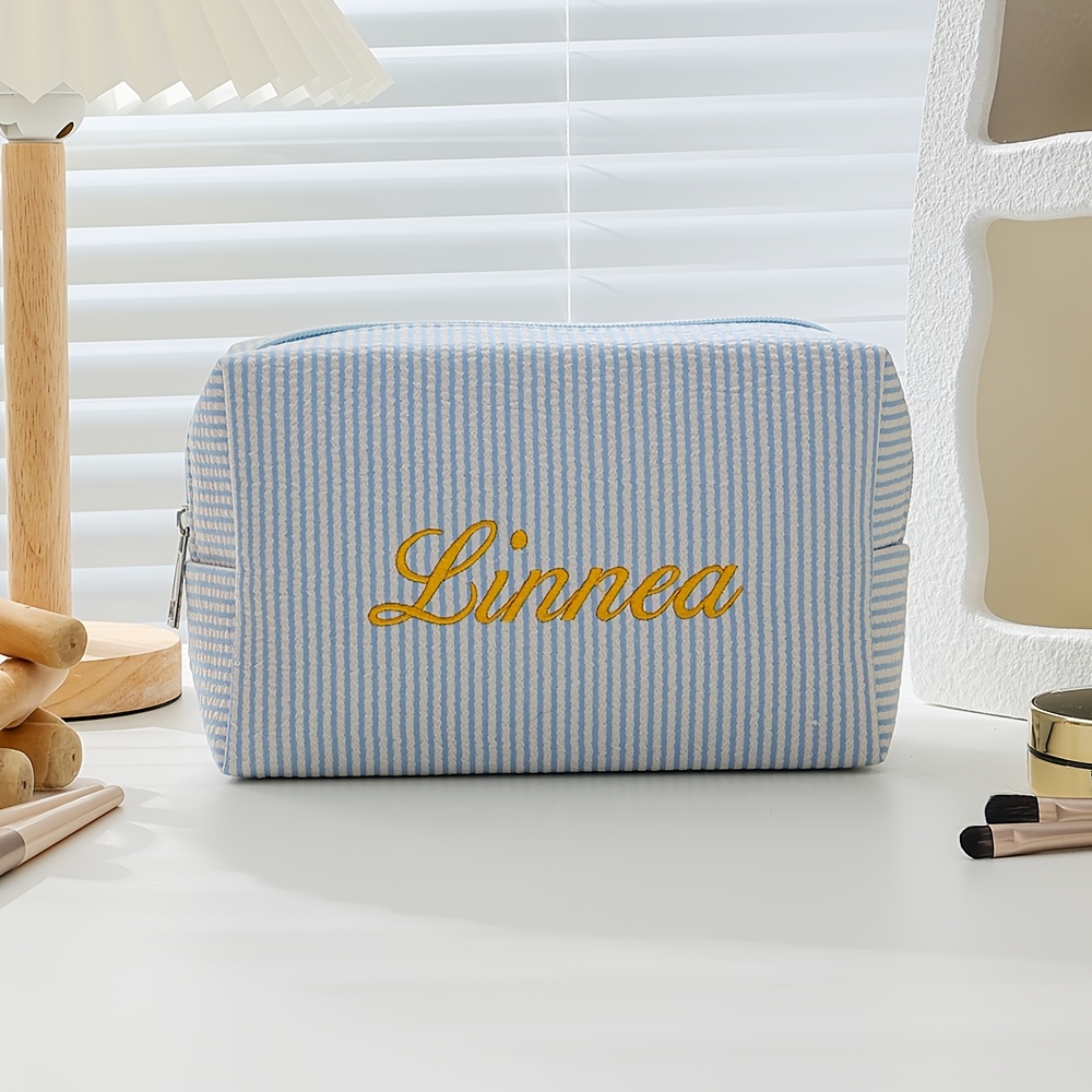 TEMU [custom Embroidery] Customizable Name Puff Gauze Makeup Bag, Durable Zipper Closure With Letter Embroidery Bridesmaid Clutch, Large Capacity