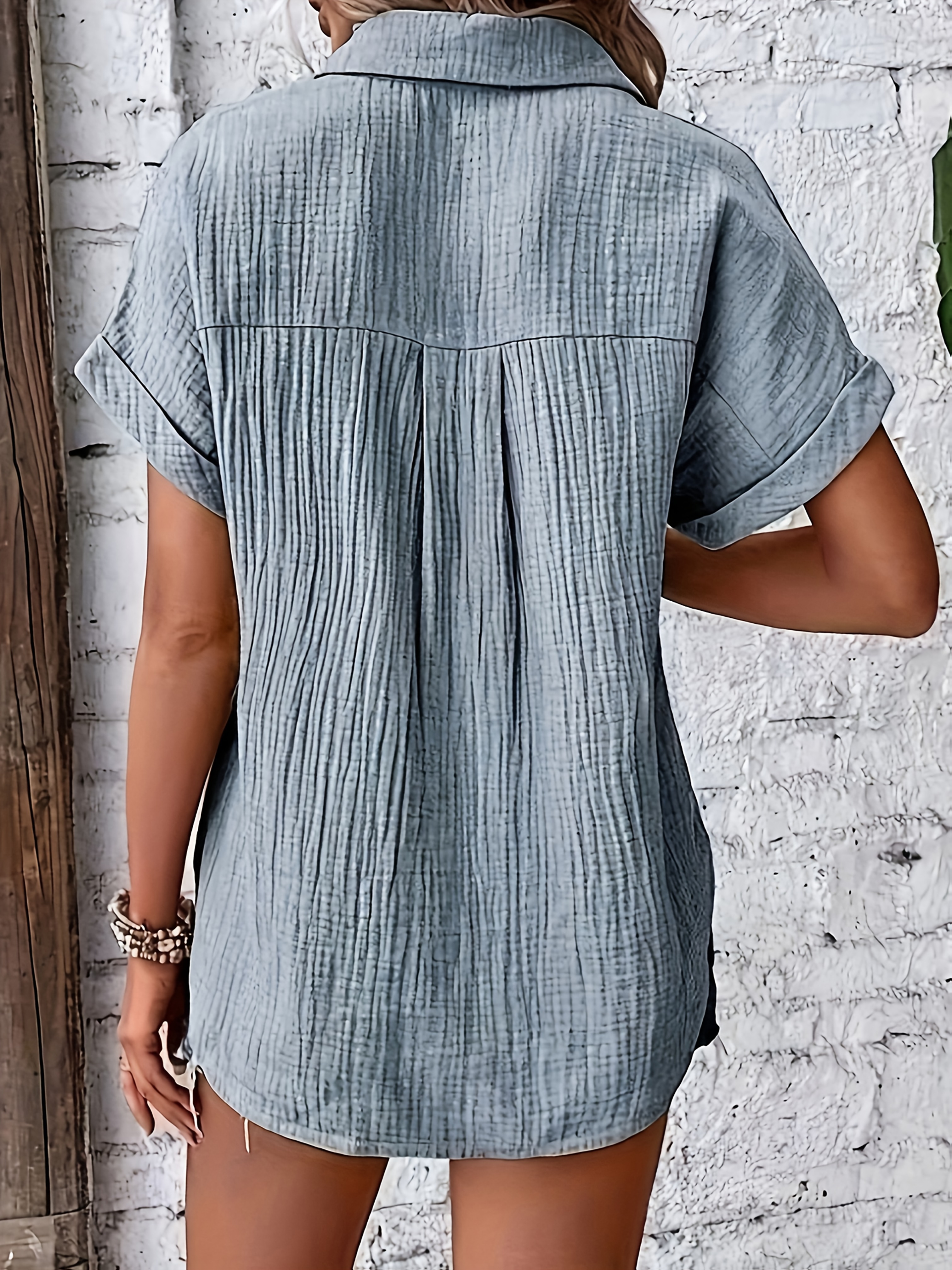   clean bust size womens collared shirt button texture casual short sleeve regular fit lightweight breathable summer top