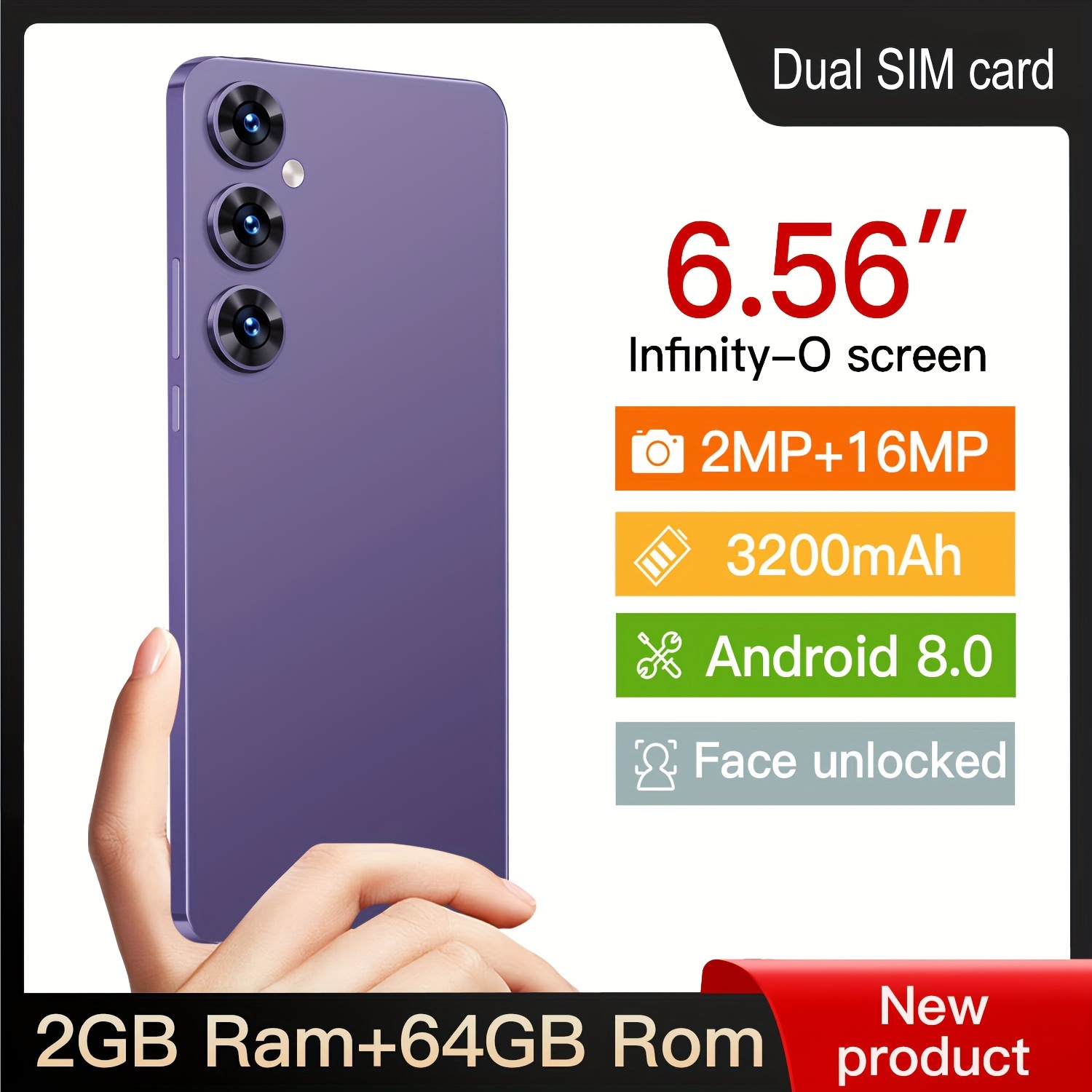 Mobilephones with 6.56inch large screen 2G+64G memory 3200mAh battery cheap phone 2MP+16MP camera 3G network unlocked cellphone,3G WCDMA: 850MHz/2100MHz, Holiday Birthday Christmas Gift