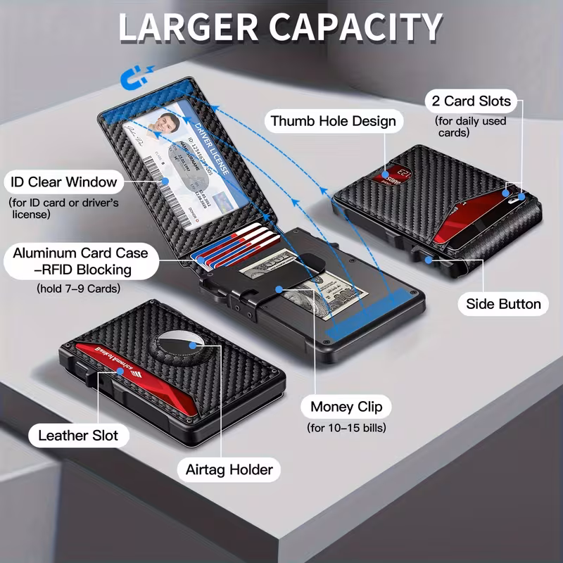 billetera delgada para hombre con bloqueo rfid y tarjetero -up - diseño minimalista ultrafino de aluminio, de fibra de carbono negra, organizador multicompartimento para tarjetas de crédito y , transporte para desplazamientos y viajes, clip de seguridad para dinero y protección antirrobo, billetera para hombre calidad, billetera para hombre calidad, billetera para hombre, billetera delgada para hombre, billetera para hombre, billetera minimalist Detalles del producto 4