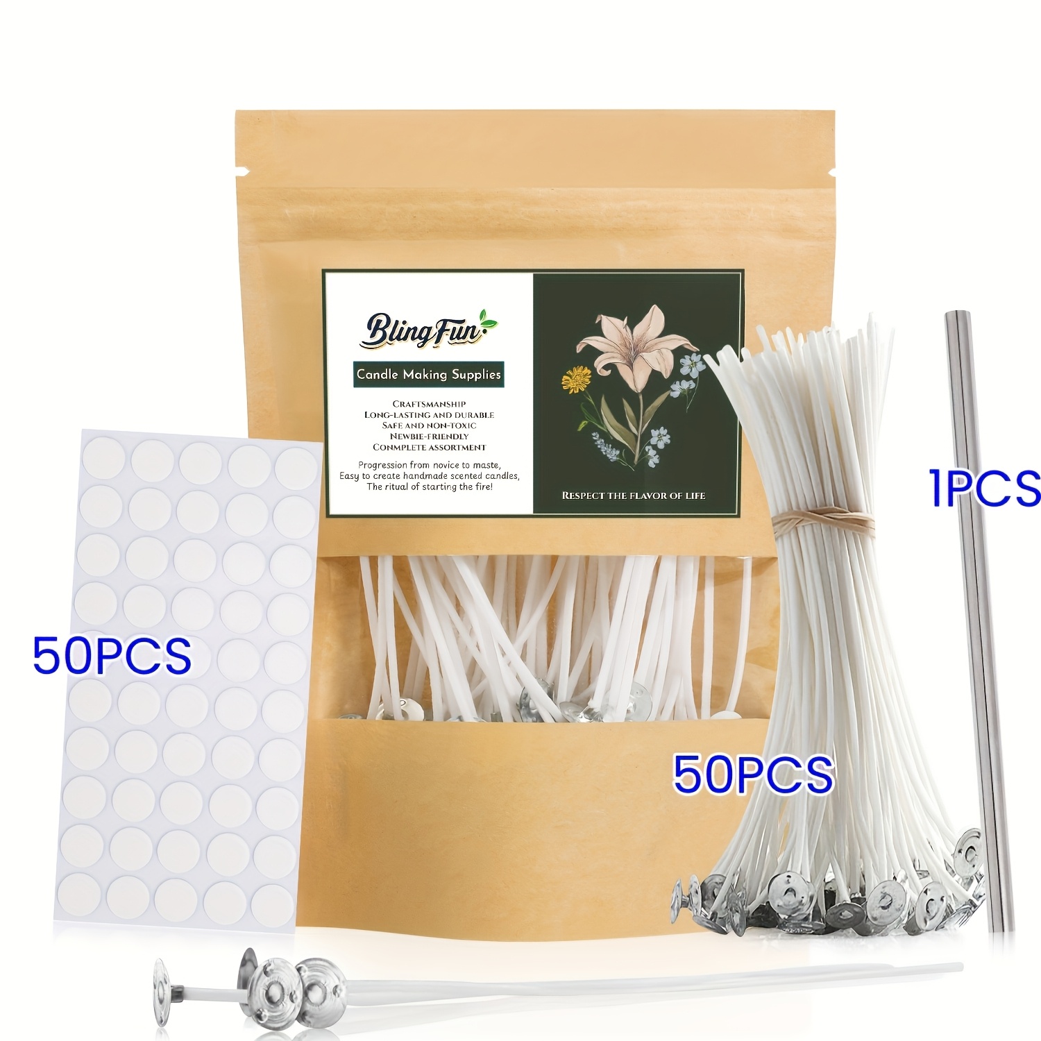 Image of Blingfun 50/100pcs Candle Making Wick Set, Normal/thick Candle Wicks, Wick Placement Tubes, Wick Stickers, Candle Making Supplies Set, For Making Aromatherapy Candles Holiday Decorative Candles