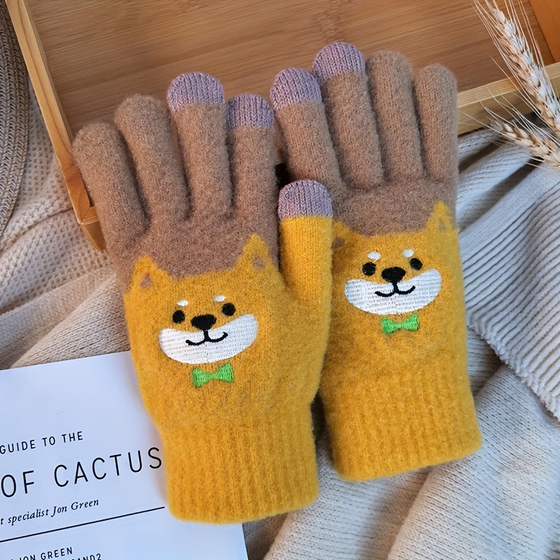 TEMU Cozy Knit Touchscreen Gloves For Women - Cute Cartoon Inu Embroidery, Thick Fleece-lined , Outdoor Cycling & Winter Activities